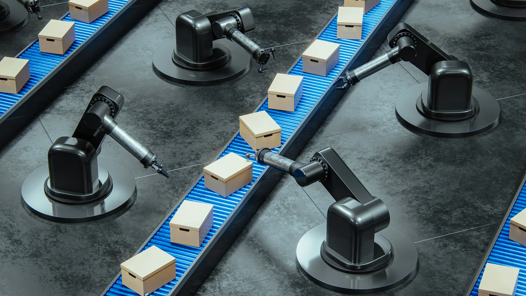 Robotic arms sorting cardboard boxes on blue conveyor belts
